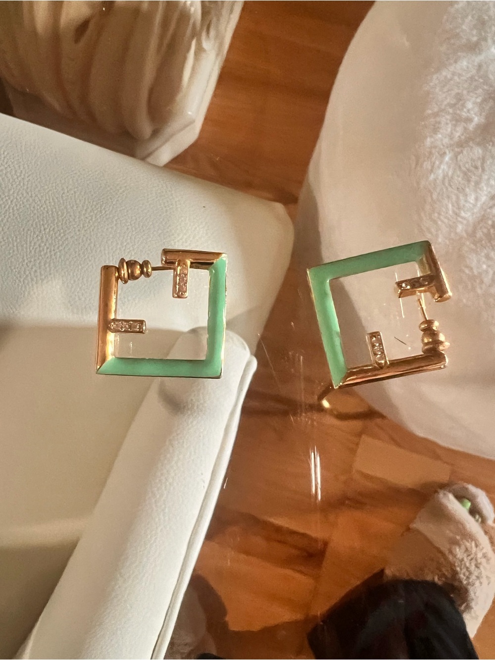 Fendi Gold-Tone Square Hoop Earrings with Mint Green Enamel Accents